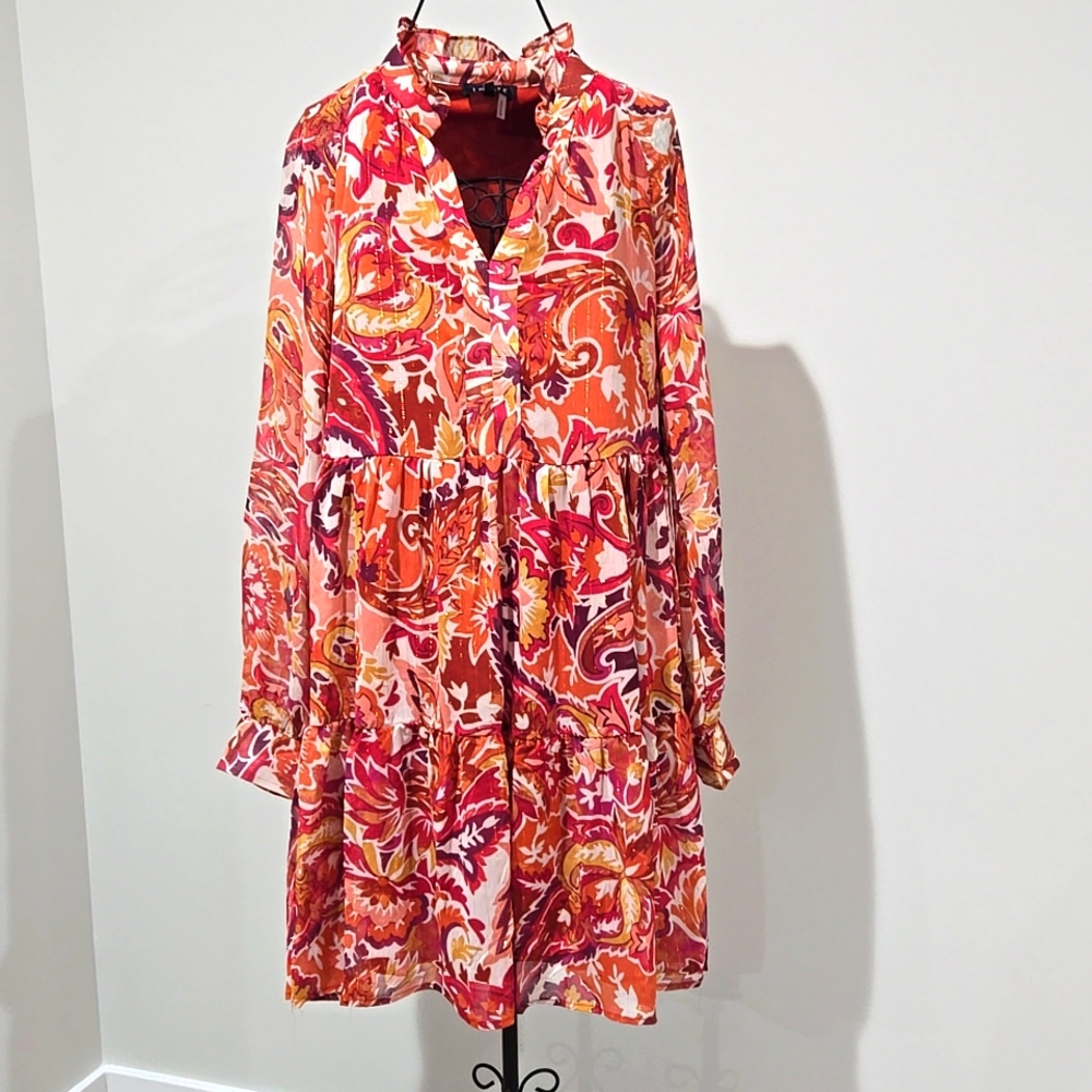 1. STATE colorful sheer long sleeve dress coral, burgundy,  cream, gold size NEW